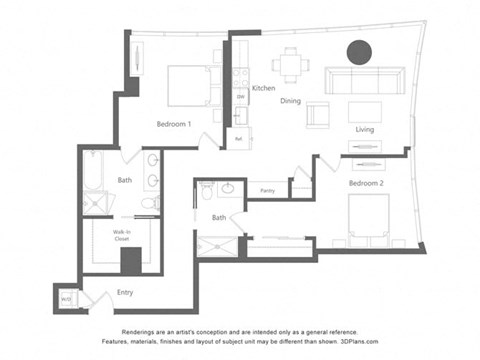 Floor plan for 2 beds, 2 baths, 1206 sqft